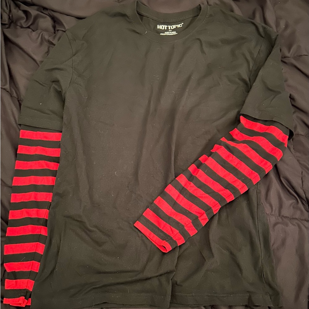 Hot topic black shirt with red and black striped sleeves